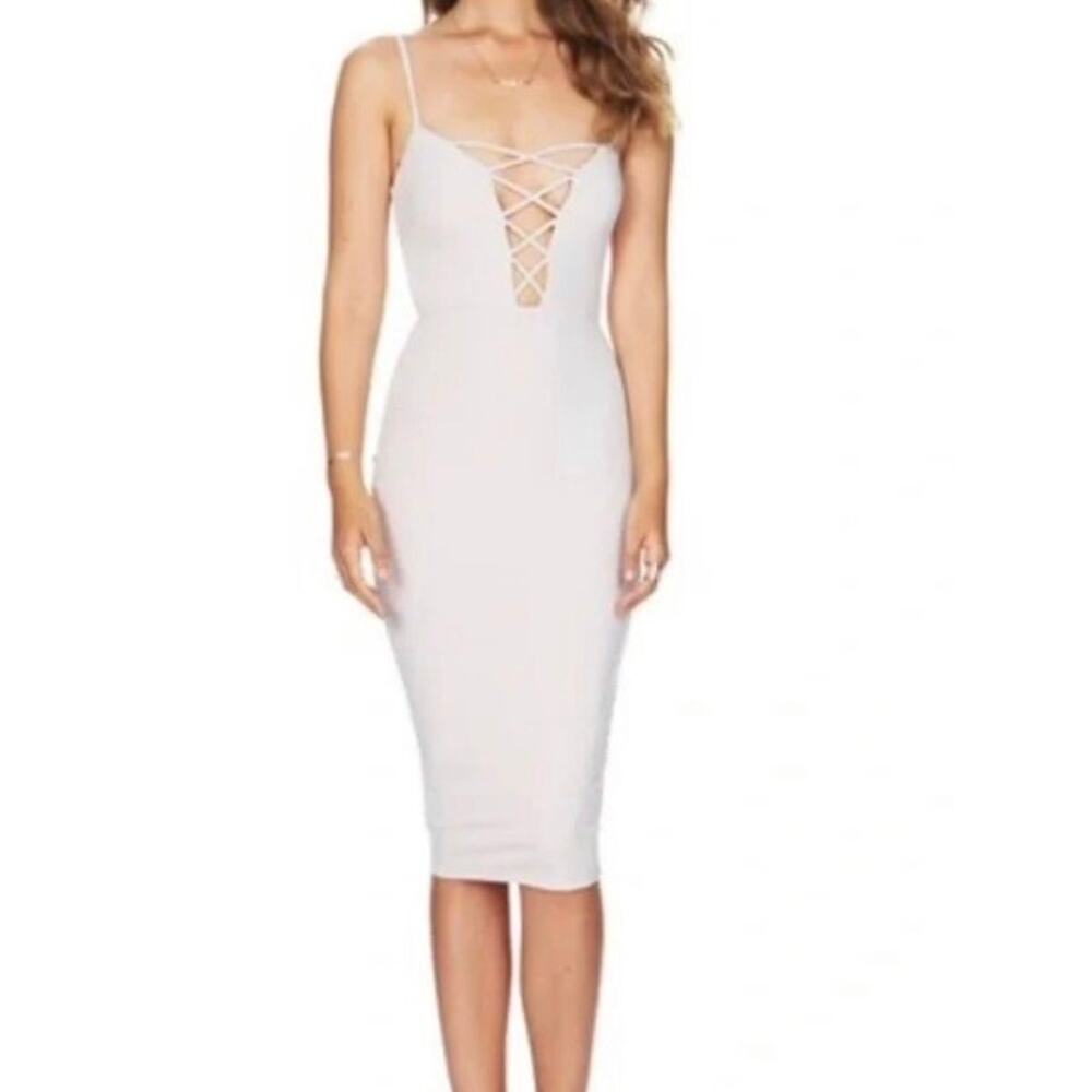 Nookie Tropicana Cross Front Shift Dress Nude Size M | Plunge Midi Bodycon